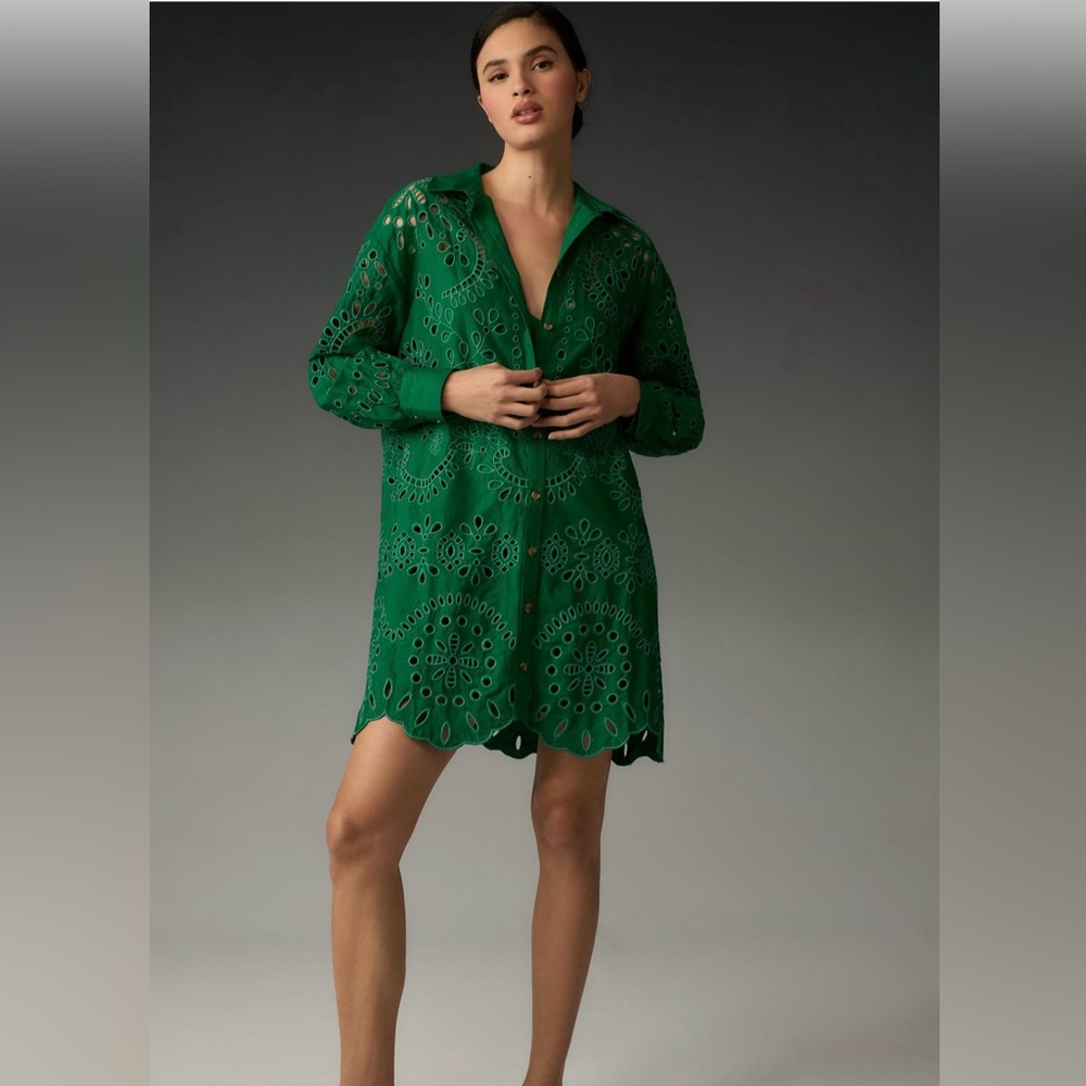 EUC By Anthropologie Green Eyelet Button Down Shirt Mini Dress - Picture 10 of 17